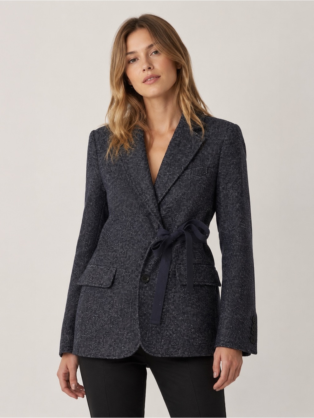 See by Chloé Wool Blend Tweed Belted Blazer Navy US 4 IT 40